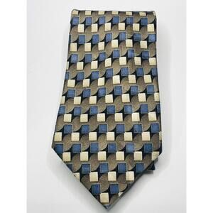 Vintage Retro Geometric Pattern Blue and Beige Silk Neck Tie